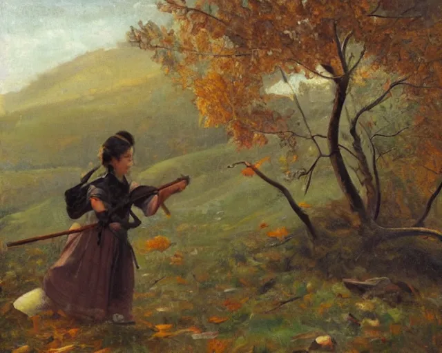 Image similar to landscape portrait of a girl chopping a hickory tree with an axe, autumn mountains, original oil on canvas painting by william sydney mount, trending on artstation