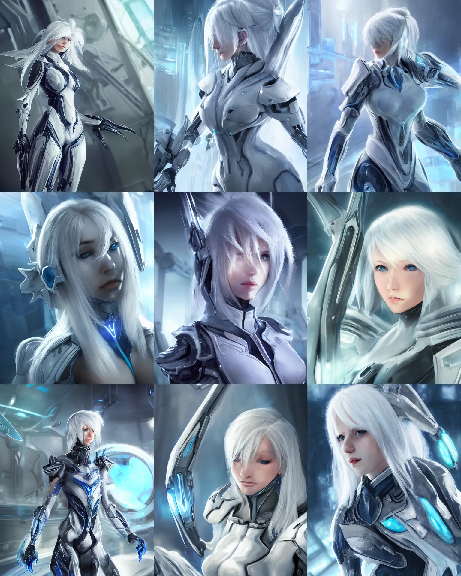 Image similar to perfect white haired girl, warframe armor, beautiful, dreamy, pretty face, blue eyes, portrait, bright light, scifi, utopian architecture in the background, laboratory, 4 k, high definition, ultra realistic, aura of light, cinematic, extreme details, focused, masterpiece, art by akihito tsukushi, akasuki brightmind