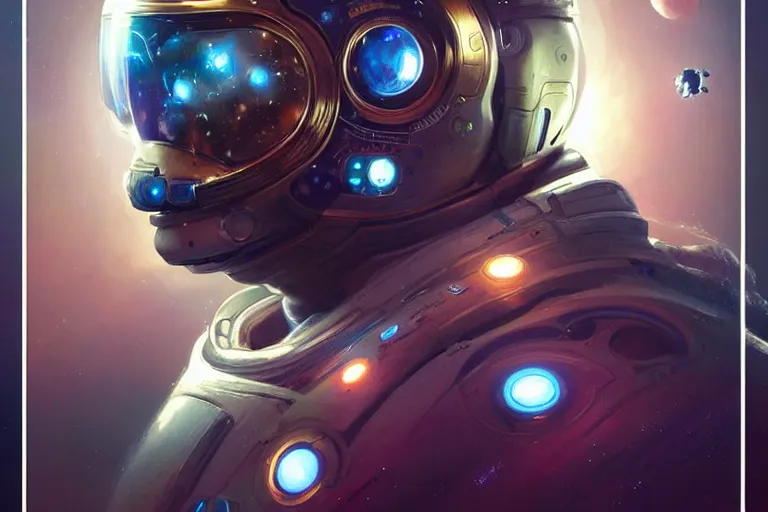 Image similar to portrait of a futuristic bulldog in a spacesuit, a nebula supernova in space, portrait, intricate, digital painting, artstation, concept art, smooth, sharp focus, illustration, cinematic lighting, art by artgerm and greg rutkowski and alphonse mucha