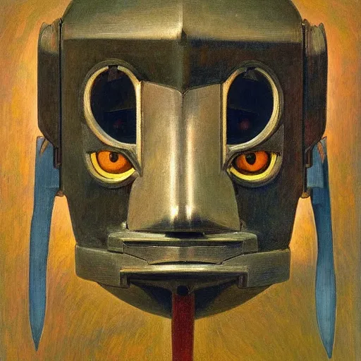 Prompt: masterpiece painting of a robot cat head mask, by annie swynnerton and diego rivera and nicholas roerich and jean delville, symbolist, dramatic lighting, god rays, elaborate geometric ornament, art brut, rich colors, smooth, sharp focus, extremely detailed, adolf wolfli and ( donato giancola )