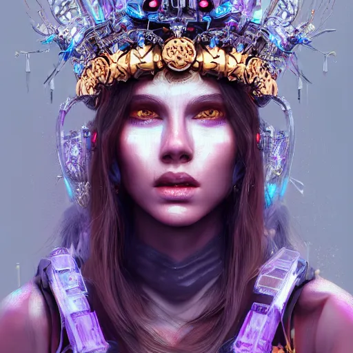 Image similar to a portrait of a chill cyberpunk princess wearing a crown, hyperdetailed, digital painting, trending on Artstation, CG society, hyperdetailed, digital painting, hypermaximalist, golden ratio, volumetric, octane render, weta digital, micro details, 3d sculpture