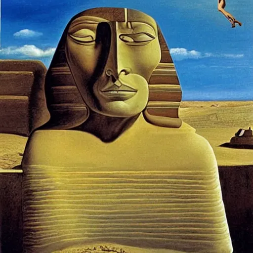 Image similar to john cleese as the sphinx, the sphinx with the head of john cleese, young john cleese's head on the sphinx, painting by salvador dali