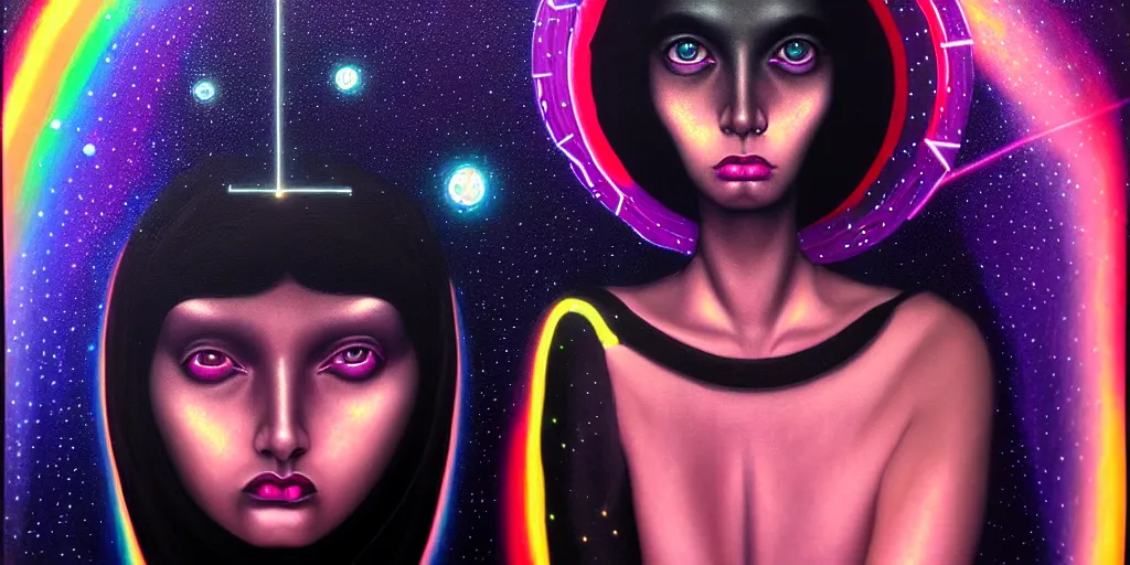 Image similar to patron saint of 🛸🌈👩🏾, futuristic gothic clothing, wormhole, nebula, black hole, aries constellation, multiverse, neon god of city character portrait, in the style of margaret keane, moebius, tom bagshaw, and waterhouse, cinematic lighting, beautiful, elegant, oil painting,