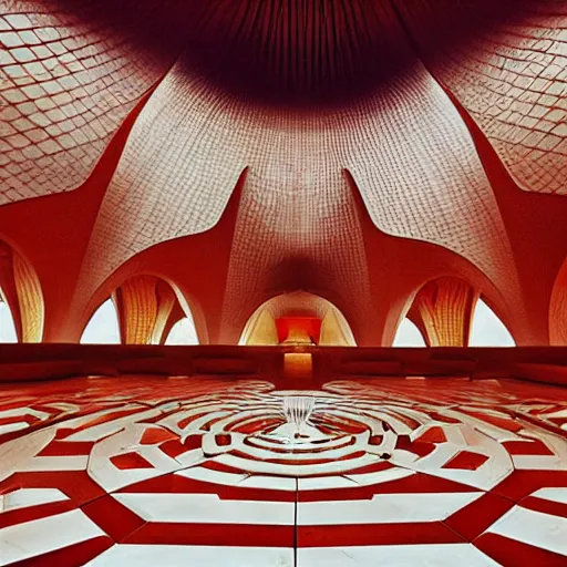 Image similar to interior of a futuristic lotus temple with gold, red and white marble panels, in the desert, by buckminster fuller and syd mead, intricate contemporary architecture with art nouveau motifs, photo journalism, photography, cinematic, national geographic photoshoot