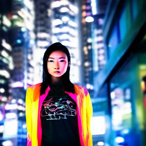 Image similar to photo portrait of an Asian woman with long Mohawk down hair wearing neon cyberpunk jacket, cinematic shot, night lighting, dslr bokeh depth of field