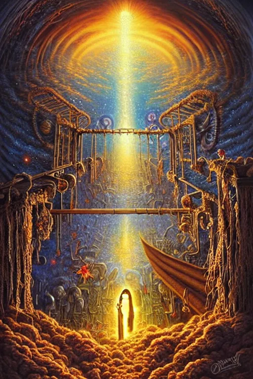 Prompt: a photorealistic detailed cinematic image of a departed soul looking over the remains of their lifeless body, crossing the ornate portal to the afterlife. met by friends and family, overjoyed, by pinterest, david a. hardy, kinkade, lisa frank, wpa, public works mural, socialist