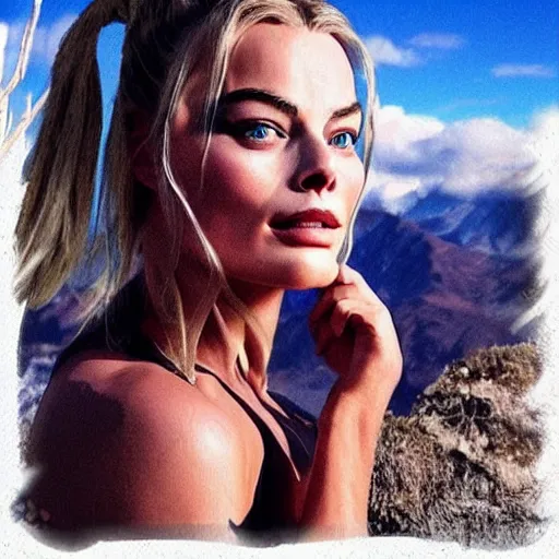 Image similar to face morph tattoo design of margot robbie with beautiful mountain scenery, in the style of chris mataafa, amazing detail