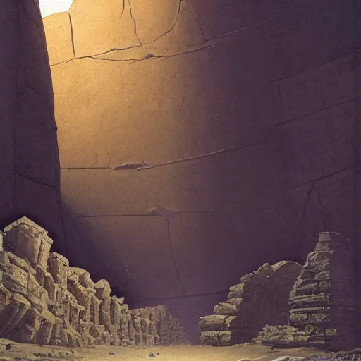 Prompt: ancient ruins in cave, desert, hyper realistic, artstation, by chesley bonestell