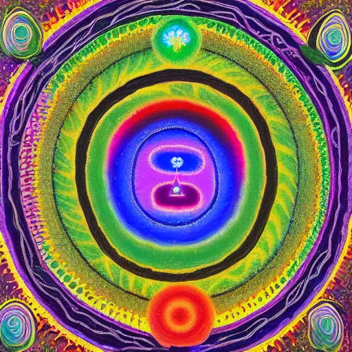 Prompt: A flow of conscious life with activated blossoming chakras centres moving through the infinite dimension beyond time and space showing depth of creation and human life, in a style of indigenous Australian paintings, 8k,