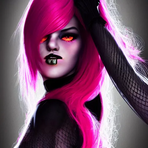 Image similar to Full body portrait of a woman with bright glowing strands of hair, wearing dark black clothing with fishnet stockings, pink dyed hair and a fringe, posing ready for a fight, artstation, cgsociety, masterpiece