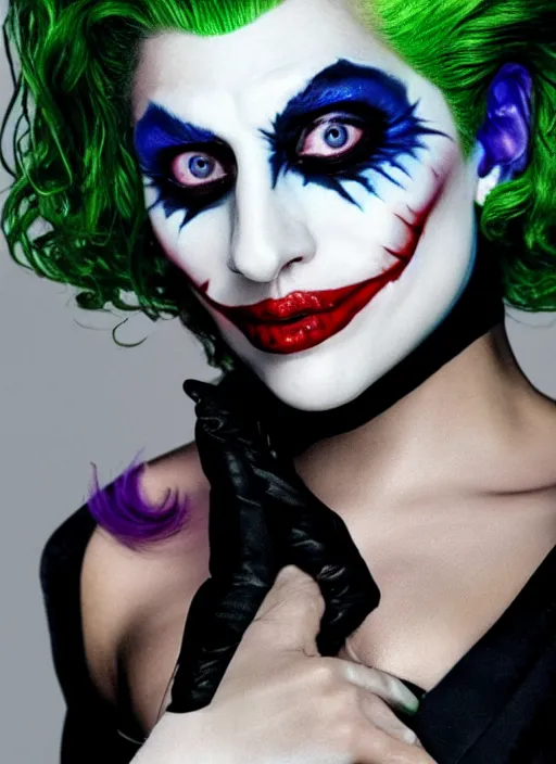 Prompt: photo of Lady Gaga as the Joker by Mario Testino, head shot, detailed, award winning, Sony a7R