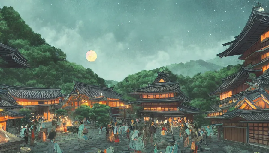 Image similar to party in a japanese village built in green mountains, fireplace, banquet, fireworks, lights at night, moon, manga style, hyperdetailed, artstation, cgsociety, 8 k