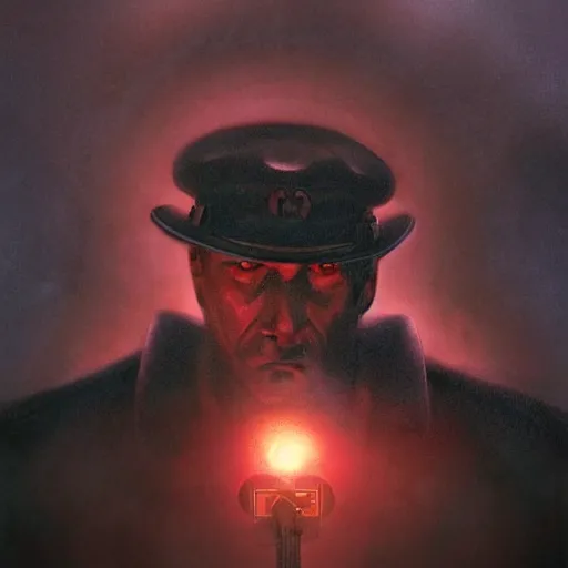 Image similar to soviet policeman, fog, darkness, evil, magic the gathering artwork, D&D, fantasy, cinematic lighting, centered, symmetrical, highly detailed, digital painting, artstation, concept art, smooth, sharp focus, illustration, volumetric lighting, epic Composition, 8k, art by Akihiko Yoshida and Greg Rutkowski and Craig Mullins, oil painting, cgsociety