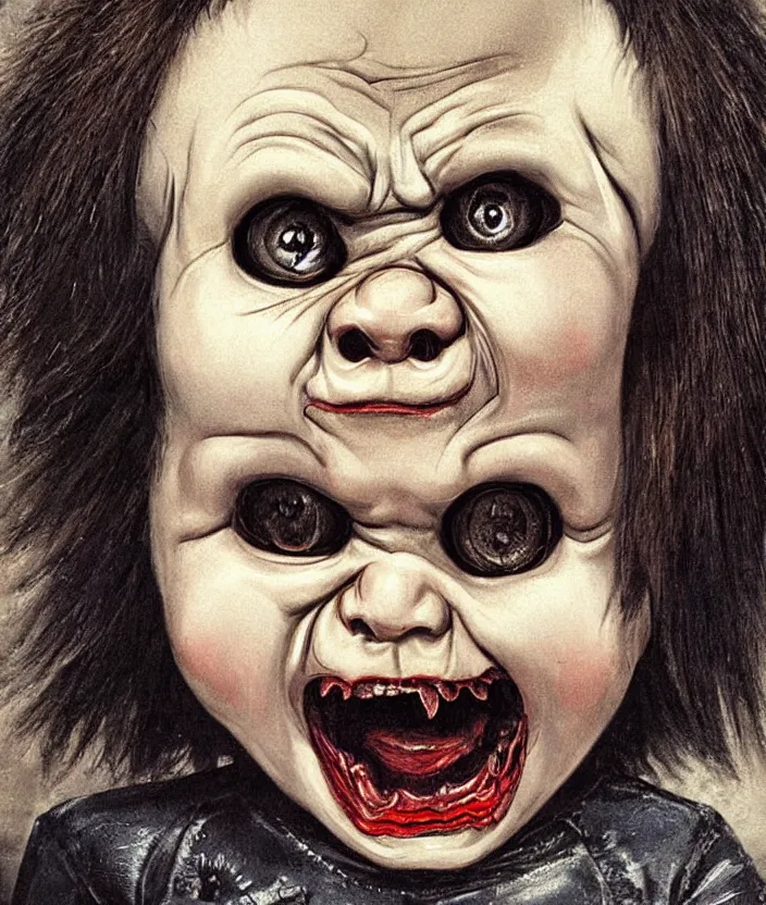 Image similar to gothic screaming chucky doll portrait by william - adolphe bouguerea, highly detailded