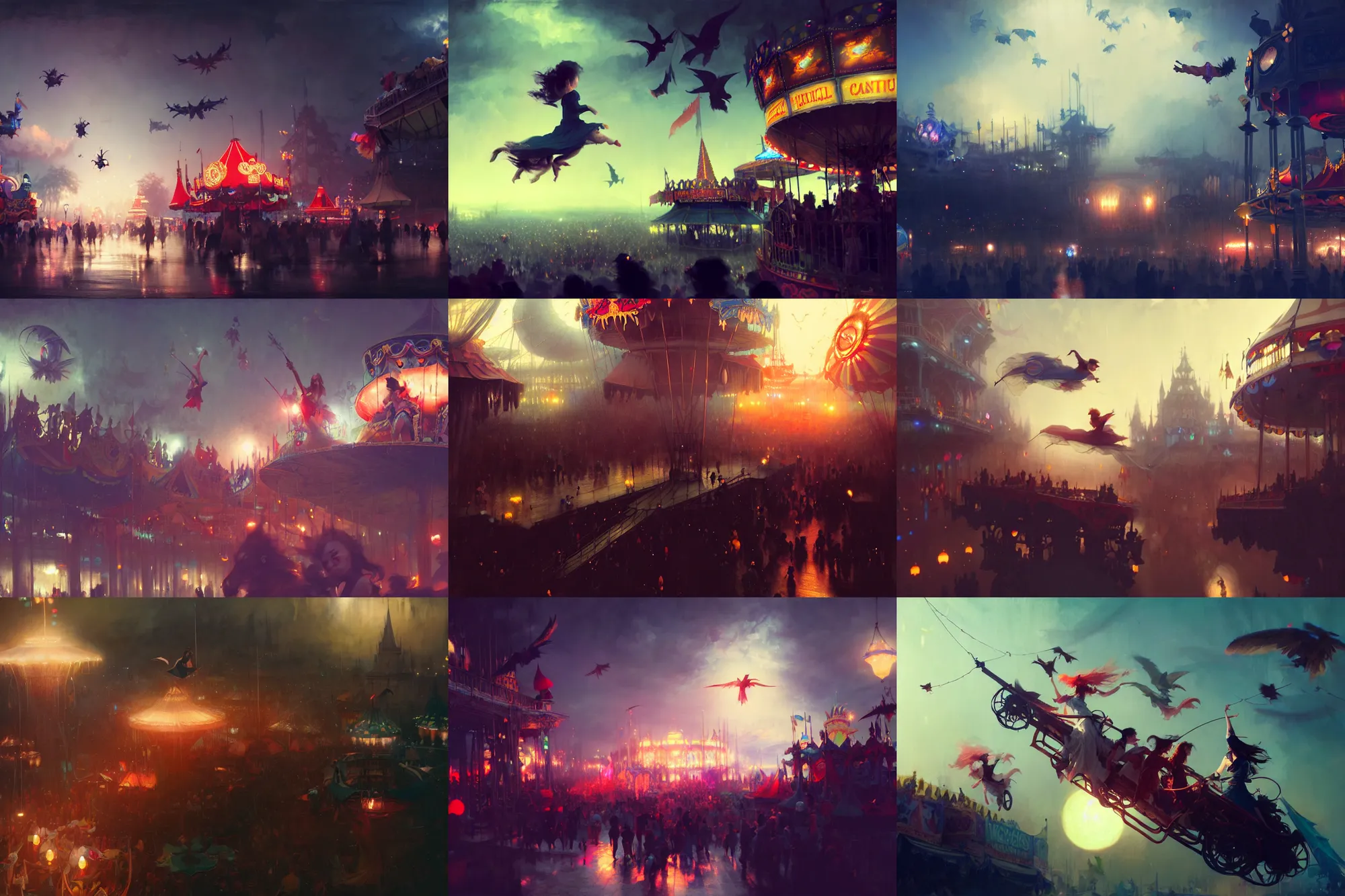 Prompt: young witches flying above exploring a carnival, witchlight carnival amusement park, night time, high octane filter, 8 k, highly detailed, digital painting, concept art, matte, art by ruan jia and wlop and greg rutkowski and makoto shinkai, masterpiece