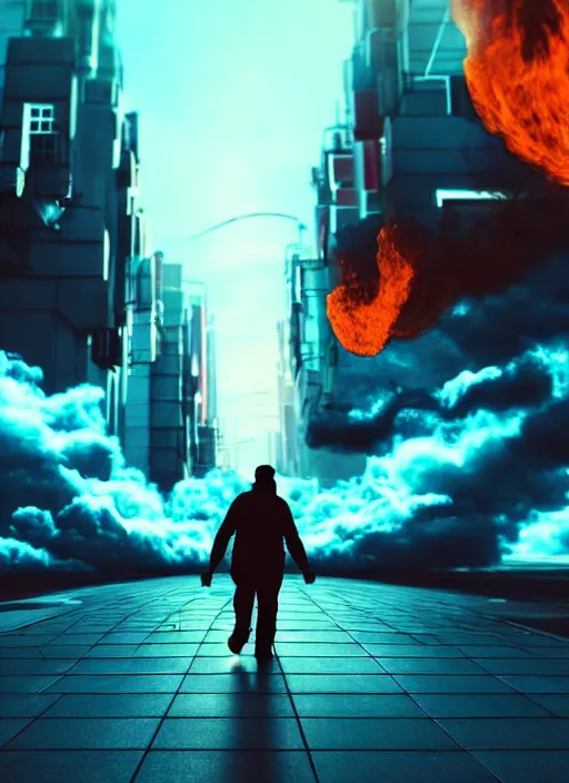 Prompt: a man walks happily down the street with his head of flames, in a futuristic cyberpunk city, the sky is a turquoise blue with beautiful white fluffy clouds, hyper realism volumetric lighting