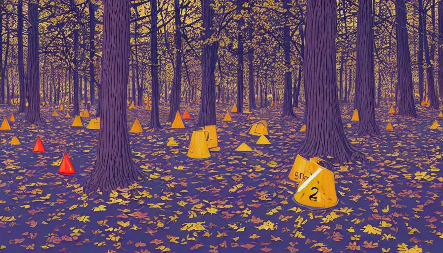 Image similar to safety cones scattered around an oak tree forest checker board forest floor, by james jean by ilya kuvshinov kintsugi, hyper detailed surrealist painting