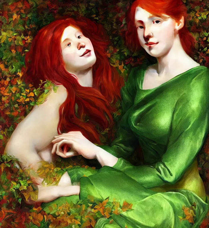 Prompt: portrait of a red haired woman wearing a green satin dress with fine gold filigree, autumn leaves falling, dramatic volumetric lighting, god rays, global illumination, soft, sharp focus, ivy, masterpiece, moss, trending on artstation, painting by Caravaggio and ruan jia and Daytoner and Alphonse Mucha