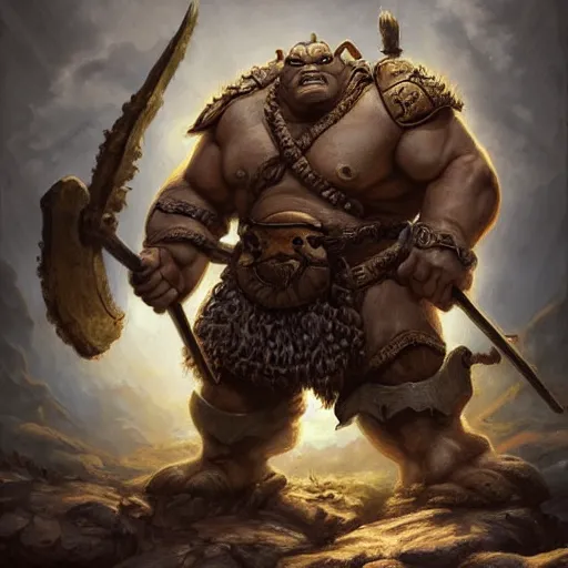 Prompt: an Ogre Warrior with a great warhammer in the style of Justin Gerard, realistic painting, Digital art, very detailed, High definition, trending on Artstation