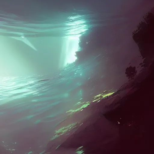 Image similar to falling into the deep, god rays, drowning, artstation, 4k, by greg rutkowski,