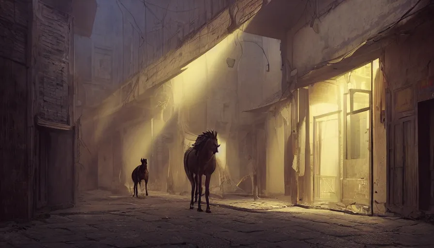 Image similar to old jeddah city alley, roshan, old shops, horse, magical glowing time portal, a nomad wearing a worn out torn coat, dramatic lighting sci fi, by caspar david friedrich by beeple and james gilleard and justin gerard, centered, artstation, smooth, sharp focus, photoreal octane render, 3 d, by jean baptiste monge