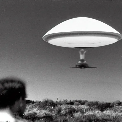 Prompt: black and white photo of a UFO sighting