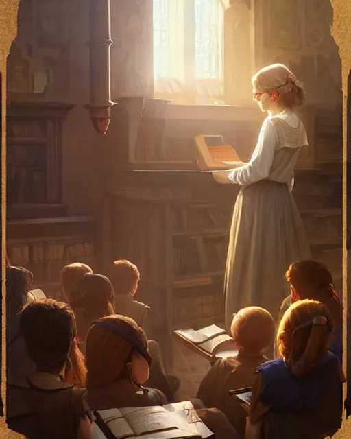 Image similar to middle ages lecture, old teacher speaks to young students | | realistic shaded, fine details, realistic shaded lighting poster by greg rutkowski, diego gisbert llorens, magali villeneuve, artgerm, jeremy lipkin and rob rey