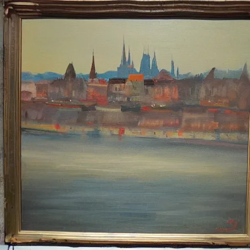 Prompt: very abstract painting of the rhine in basel, very rough brush strokes and splatters, oil on canvas, muted colors, great composition, by christ