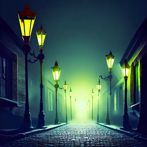 Prompt: curved perspective, extreme narrow, extreme fisheye, digital art of a night foggy street with victorian street lamps over cobblestone floor by anton fadeev from nightmare before christmas