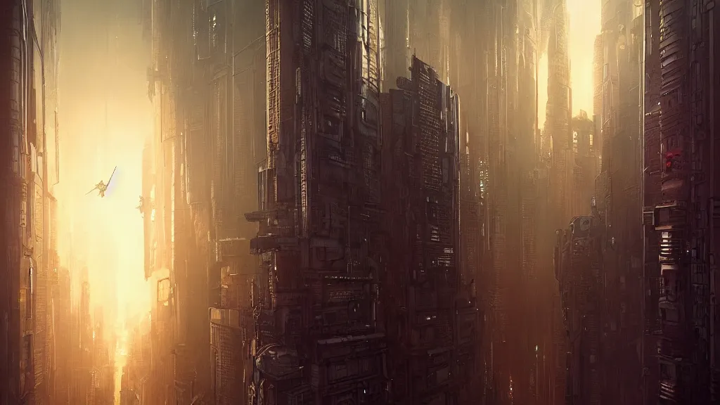 Prompt: a gigantic building in a cyberpunk city, blade runner, ghost in the shell, akira, sunset, gorgeous view, depth, rays of light, gorgeous view, robots, painted by seb mckinnon, high detail, digital art, painted by greg rutkowski, trending on artstation