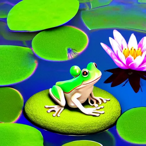 Image similar to macro ultra closeup diorama digital illustration of a frog meditating. the meditating zen frog is levitating in the air above a lily pad. the meditating frog is surrounded by the liquid translucent clear water of the pond. iridescent gradients, f / 1. 8, bokeh, 4 k wallpaper, digital art trending on artstation. screenshot from a pixar movie.