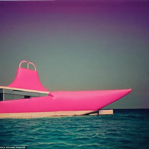 Image similar to a pastel colour high fidelity wide angle Polaroid art photo from a holiday album at a seaside of a large pink ship in the sea surrounded with abstract inflatable parachute furniture, all objects made of transparent iridescent Perspex and metallic silver, a grid of sun beds iridescence, nostalgic