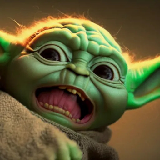 Prompt: screaming baby yoda having a tantrum, intricate detail, beautiful aesthetic, photorealistic, award winning professional cinematic composition, volumetric lighting, 8 k