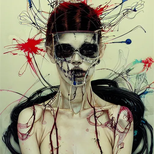 Image similar to a female cyberpunk hacker, skulls, wires cybernetic implants, machine noir, in the style of adrian ghenie esao andrews jenny saville surrealism dark art by james jean takato yamamoto and by ashley wood