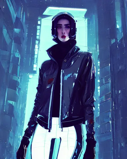 Image similar to detailed portrait European Pretty Luxury Corporation Girl cyberpunk futuristic gloomy neotokyo Reflective jacket coat, Tight fit elegant Futuristic sci-fi fashion by ismail inceoglu dragan bibin hans thoma greg rutkowski Alexandros Pyromallis Nekro Rene Margitte illustrated Perfect face, fine details, realistic shaded, fine-face, pretty face