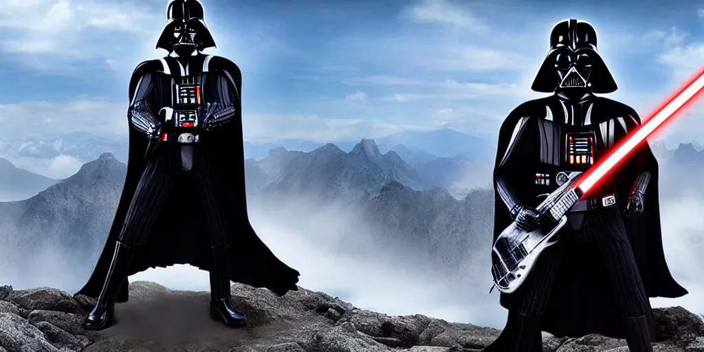 Image similar to Darth Vader playing electric guitar on top of mountain, epic landscape, guitar guitar guitar guitar guitar