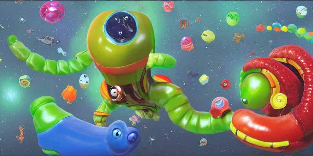 Prompt: a 3 d rendered movie still a gummi worm descendant 1 million years from now. gummi worm wears a spacesuit, and explores cosmos in a super awesome space ship. science fiction blockbuster movie gummi worms rule the world or my stepmom is a gummie worm from space, imax 7 0 mm. silent running