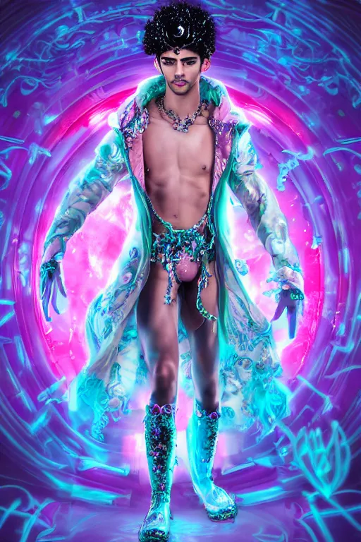 Image similar to full-body rococo and cyberpunk delicate neon crystalline sculpture of ((handsome muscular onyx albino prince Zayn Malik)) as an blue iridescent humanoid deity wearing ((peach plastic hooded cloak)) (holding a human skull) in a onyx castle dungeon, reclining, glowing pink face, crown of (pink lasers), large blue diamonds, swirling black silk fabric. futuristic elements. oozing glowing liquid, full-length view. space robots. intricate artwork by caravaggio. Trending on artstation, octane render, cinematic lighting from the right, hyper realism, octane render, 8k, depth of field, 3D