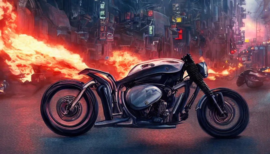 Image similar to single wheel motorcycle concept design and Japanese engineering in the streets of fire movie 8k, a highly detailed epic cinematic digital painting artwork