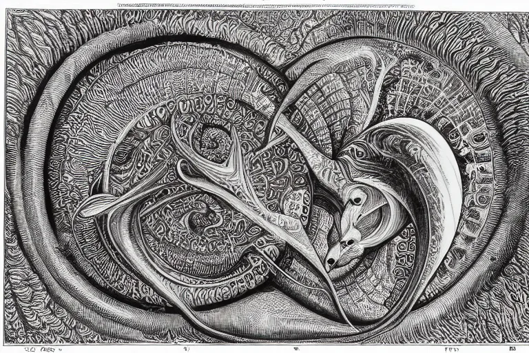 Prompt: an ornate illustration in the styles of mandalas and fractals, the styles of escher and penrose, depicting a weasel staring deep into the heart of the impossible all - and - nothing of the emerging technological singularity ; / what has god wrought? / he seems to be whispering.