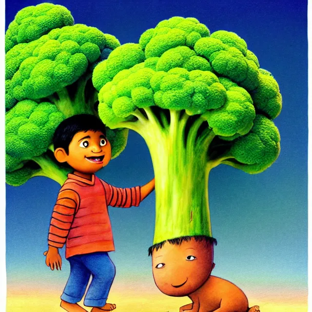 Prompt: epic professional kids book illustration of an East Indian toddler boy walking beside a friendly anthropomorphic broccoli, best on artstation, Behance, , astonishing, impressive, outstanding, epic, cinematic, stunning, gorgeous, masterpiece by Maurice Sendak and Bill Peet.