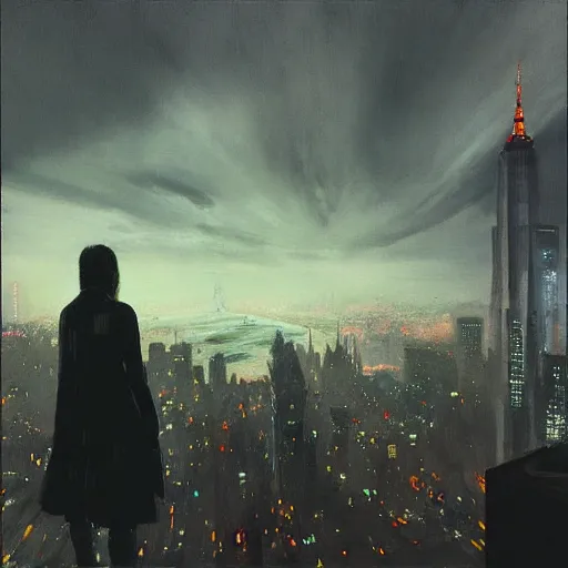 Image similar to “ girl standing on a roof looking down at a foggy futuristic new york city below, ghostpunk, blade runner, cyberpunk, brutalist, very detailed, by george bellows ”