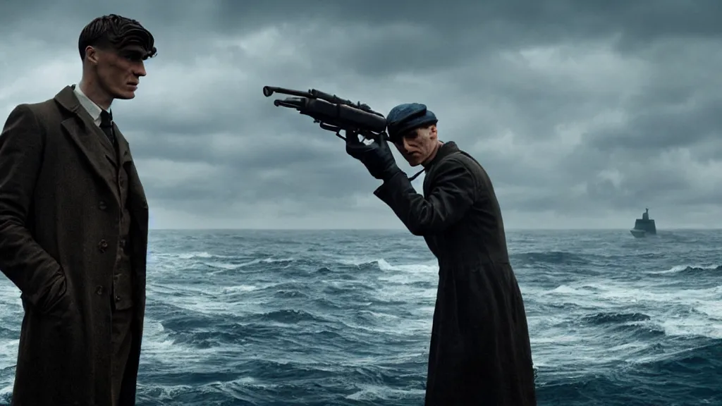 Image similar to photo of Thomas Shelby holding a Thompson, coming out of the ocean, extreme detailed face, spaceship far on the background, film still from the movie directed by Denis Villeneuve with art direction by Zdzisław Beksiński, wide lens