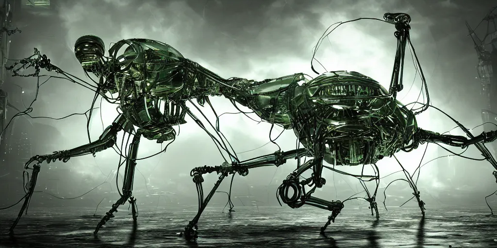 Image similar to photoreal hyper detailed epic story dramatic scene mechanical futuristic mantis robotic cyberpunk mainframe mind-blowing epic microcircuitry cybernetic fantastical beings dancing reflective logic circuits robot metallic outerworldly creatures, floating phytoplankton-diatom robot jellyfish, against a multidimensional multiverse background, bizarre hard electronic transparent hive mind, 8k octane render, unreal engine 5, extremely intricate high detail, 8K detail post processing, path based unbiased rendering, moody lighting rendered by octane engine