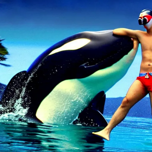 Image similar to ryan gosling in swimming trunks and cyberpunk style goggles rides a killer whale in a vulcano