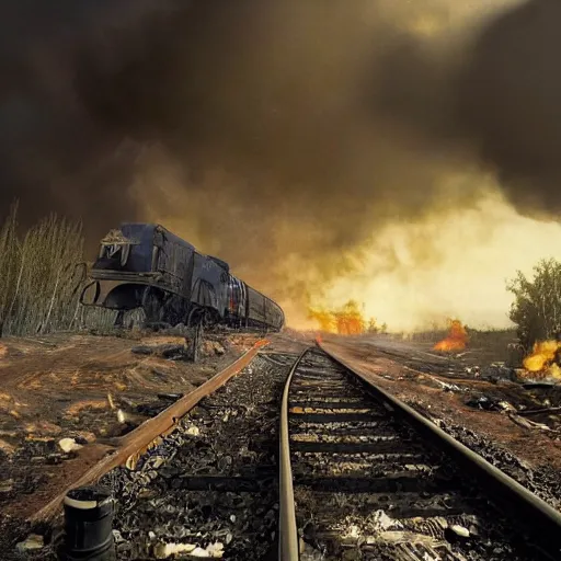 Image similar to a person at a trainwreck, devastation on the railroad, atmospheric smoke and fog, fire and flames, post-apocalyptic, Cinematic horror, high detail, 4k