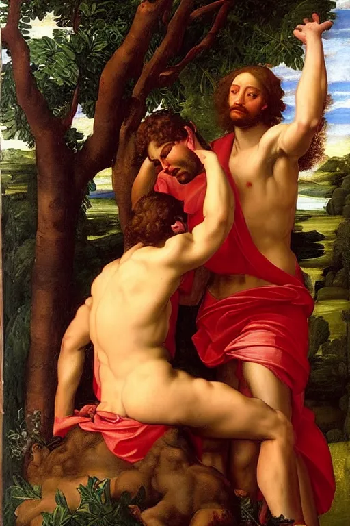 Prompt: renaissance painting of two male lovers in the garden dressed in red loincloths, closeup, interest face, emotions closeup, the beautiful garden with thorn branches everywhere, ultra detailed, art by Guido Reni style, Vincenzo Catena style