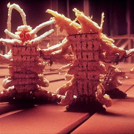 Image similar to Monsters made of French Fries, fighting Star Trek Engineers in the mess, film still from the movie directed by Denis Villeneuve with art direction by Salvador Dalí,