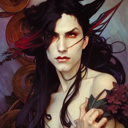 Image similar to attractive twenty first century male vampires beautiful eyes. highly detailed painting by artgerm and greg rutkowski and alphonse mucha 8 k