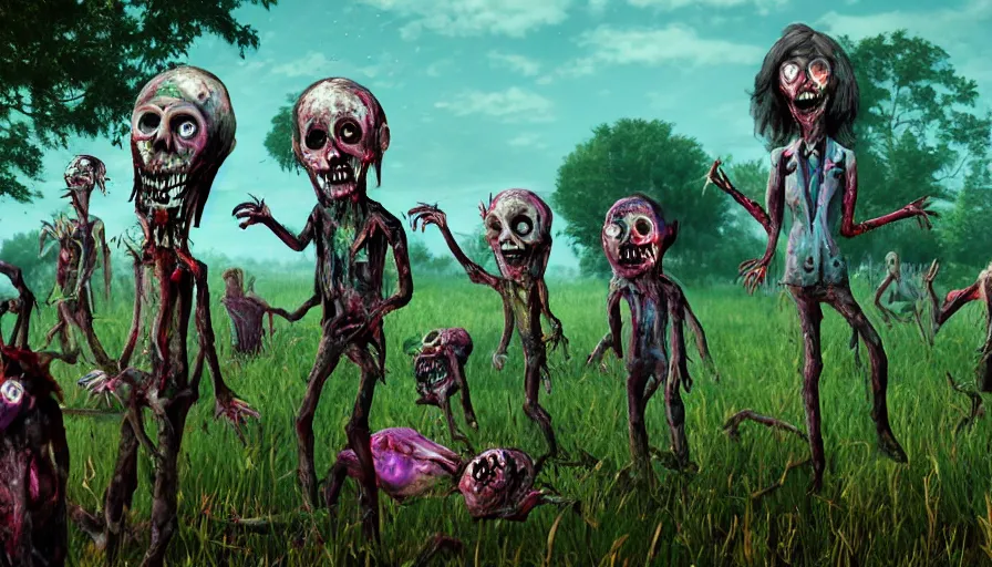 Image similar to night of the living dead by lisa frank's. rotting corpse, zombies, octane render, unreal 5 8 k depth of field, highly - detailed, in the style of squidbillies